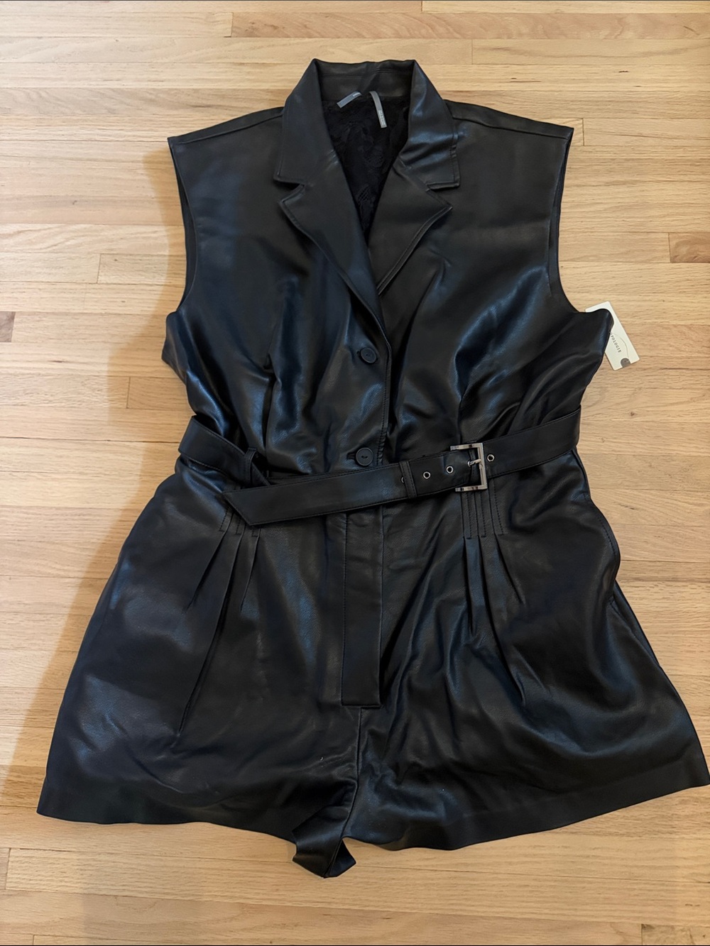 NWT Anthropologie Sleeveless Black Faux Leather Romper with Belt XL